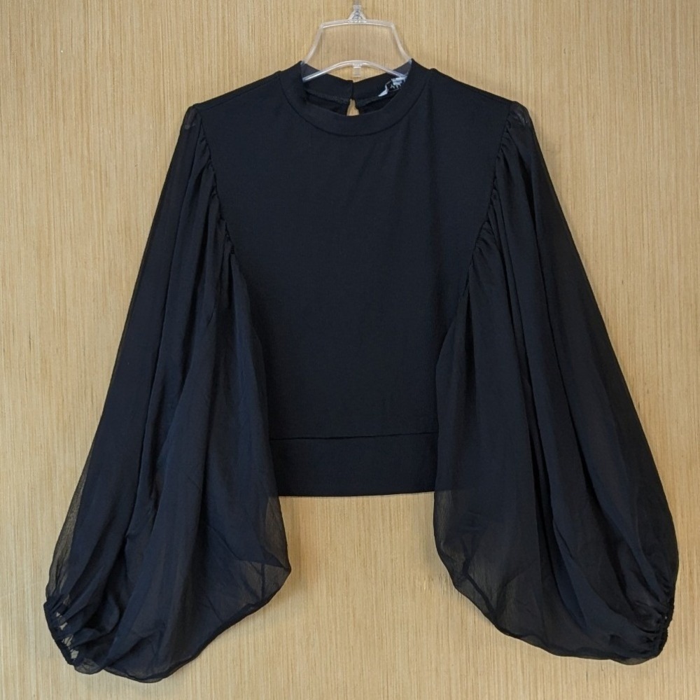 Whimsigoth Witchy Goth Vamp Avant Garde Top L Black Ribbed Sheer Balloon Sleeve
